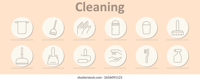 Icono de conjunto de limpieza. Guantes, escobas, toallas, contenedores, aerosoles, cepillos, recogedores de basura y herramientas para la higiene de las manos con imágenes suaves y delineadas y colores neutros