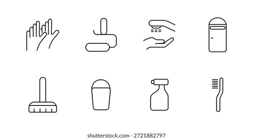 Ícone do conjunto de limpeza. Luvas, sabão, lavagem das mãos, lixeira, vassoura, balde, frasco de spray, escova de dentes, higiene, saneamento, desinfecção, rotina, casa, limpo