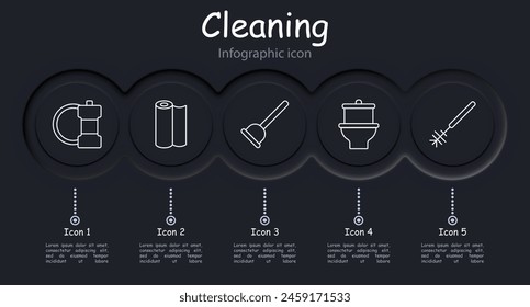 Cleaning set icon. Infographic, neomorphism, spray paint, sponge, plunger, brush, toilet, roll of paper, dustpan, sweeping, washing machine, tidy, sweeping. Mopping concept.