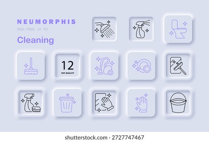 Cleaning set icon. Mop, spray bottles, showerhead, toilet, vacuum, dishes, gloves, scraper, trash bin, bucket, sparkle symbols, cleaning tools in neumorphic UI style
