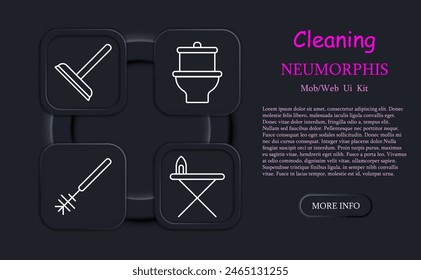 Cleaning set icon. Neomorphism, ironing board, iron, mop, spray paint, sponge, plunger, brush, toilet, roll of paper, dustpan, sweeping, washing machine, tidy, sweeping. Mopping concept.