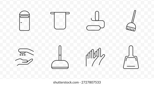 Icono de conjunto de limpieza. Papelera, toalla, barras de jabón, cepillo, líquido de verter a mano, cepillo de inodoro, guantes, recogedor, todo se muestra en estilo mínimo relacionado con la higiene.