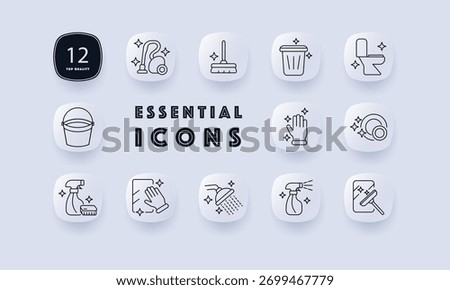 Cleaning set icon. Vacuum cleaner, mop, trash bin, toilet, gloves, dishware, detergent, spray bottle, showerhead, bucket, squeegee, scrub brush with sparkle accents.