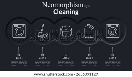 Cleaning set icon. Washing machine, brush, toilet paper, bleach bottle, detergent machine in neomorphism style with soft rounded buttons