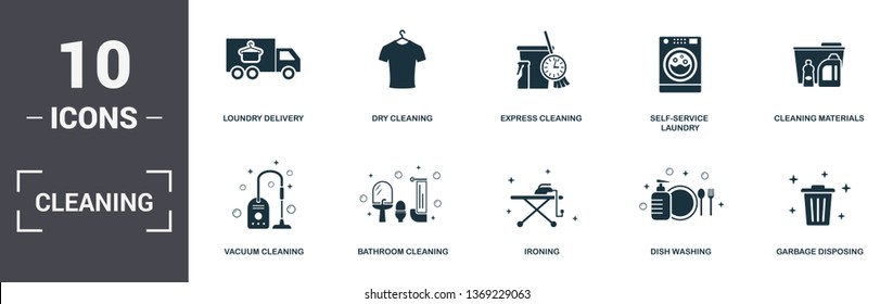 Cleaning set icons collection. Includes simple elements such as Loundry Delivery, Dry Cleaning, Express, Self-Service Laundry, Cleaning Materials, Bathroom Cleaning and Ironing premium icons.