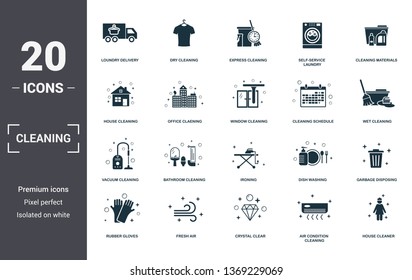 Limpiando colección de iconos de conjunto. Incluye elementos sencillos, como entrega en seco, limpieza en seco, exprés, lavandería de autoservicio, materiales de limpieza, limpieza en el baño e iconos de primera calidad en planchado.