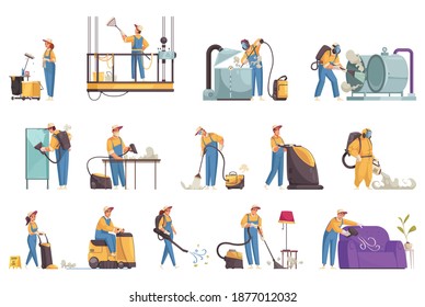 Cleaning set of isolated human characters of cleaners and icons of professional equipment with domestic furniture vector illustration