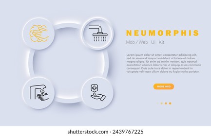 Cleaning set line icon. Dishes, windows, glass, sponge, washing machine, plunger, rag, trash can. Neomorphism style. Vector line icon for business and advertising