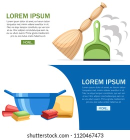 Cleaning set objects. Plastic dustpan and bowl. Mop, and rags. Flat design style. Vector illustration on white background. Web site page and mobile app design.