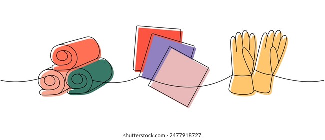 Conjunto de limpieza de una línea de dibujo continuo de color. Toallas para baño, trapos, guantes continuos ilustración de una línea. Ilustración lineal de Vector.