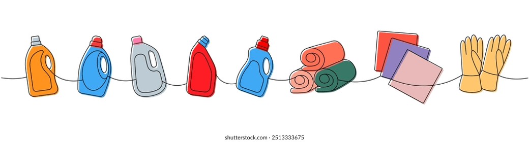 Cleaning set one line colored continuous drawing. Toilet cleaners, towels, rags, gloves continuous one line illustration. Vector linear illustration.