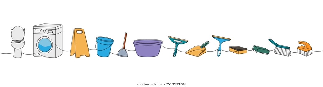 Conjunto de limpeza uma linha de desenho contínuo colorido. Vaso sanitário, máquina de lavar, esfregão de chão, êmbolo, colher, esponjas, panos de lavar, escovas uma linha.