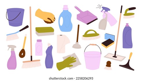 Cleaning set, supplies and dustpan broom. Equipment object for clean, household tools. Housework cloth, mop and bucket, cartoon racy vector clipart