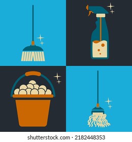 cleaning set vector illustration of broom, cleaning spray bottle, bucket, and mop with flat design art style.
