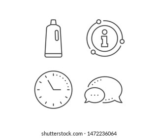Cleaning shampoo line icon. Chat bubble, info sign elements. Washing liquid or Cleanser symbol. Housekeeping equipment sign. Linear shampoo outline icon. Information bubble. Vector