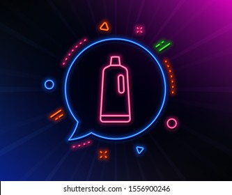 Cleaning shampoo line icon. Neon laser lights. Washing liquid or Cleanser symbol. Housekeeping equipment sign. Glow laser speech bubble. Neon lights chat bubble. Banner badge with shampoo icon. Vector