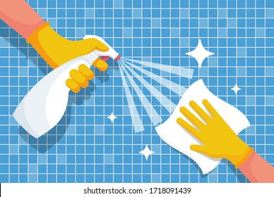 Cleaning shiny tiles in the bathroom. Spraying antibacterial sanitizing spray. Pollution prevention. Spray detergent. Napkin in hands. Protective rubber gloves. Hygiene home. Vector flat design. 