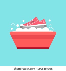 Cleaning shoe concept vector illustration. Clean dirty shoe by hand washing to prevent germs, bacteria and coronavirus in flat design.	