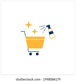 Cleaning shopping cart flat icon. Handels disinfecting. Public spaces disinfecting. Safety space and preventative measures. Preventing virus spread concept. Vector illustration