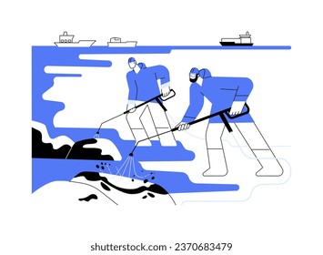 Ilustración vectorial de concepto abstracto de línea costera de limpieza. Trabajadores limpiando la costa del derrame de petróleo, contaminación del ecosistema, desastre ecológico, problema ambiental metáfora abstracta.