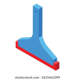 Cleaning shower glass squeegee with blue handle and red rubber blade isometric view, cleaning tool for bathroom hygiene