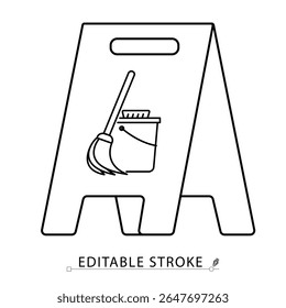 A cleaning sign icon in minimalist style with editable stroke. Wet floor warning, sanitation symbol, janitor tool, caution board, mop and bucket, hygiene alert, outline drawing