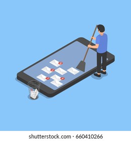 Cleaning The Smartphone From Spam. Isometric Vector Illustration.