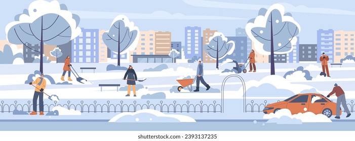 Limpiando la nieve en la ciudad. Ciudadanas mujeres hombres retiran la nieve en el parque de la ciudad y en la calle. Carretera de nieve estacional, limpiadores con palas kicky vectorial escena