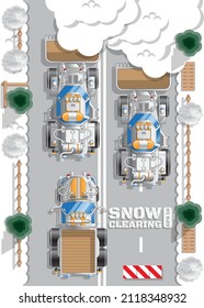 Cleaning the snow off the road. View from above. Vector illustration.
