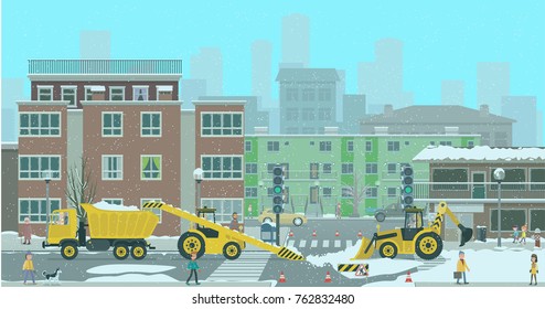 Cleaning snow on the streets of the city. Vector illustration, a flat style design.