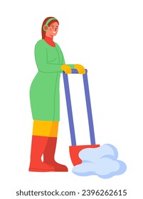 Cleaning snow scene. Woman in green jacket with shovel near snowcape. Winter season and cold weather. Christmas Eve. Poster or banner. Cartoon flat vector illustration isolated on white background