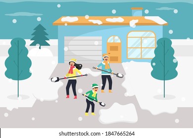 Reinigungsschnee-Vektorkonzept: Junge Eltern und kleiner Sohn, die im Garten zusammen Schnee reinigen und dabei Schal tragen