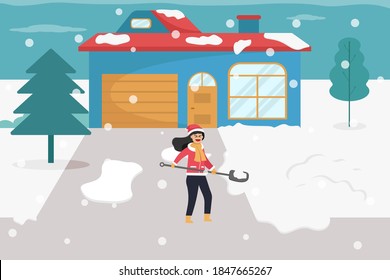 Cleaning snow vector concept: Young woman cleaning snow in the yard while using shovel