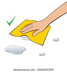 Cleaning up spills: hand wiping water with a cloth - concept of cleanliness and safety.