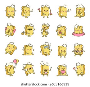 Cleaning sponge character set showing various emotions and activities, including hygiene, cooking, relaxing, celebrating, and everyday situations with fun accessories and expressions