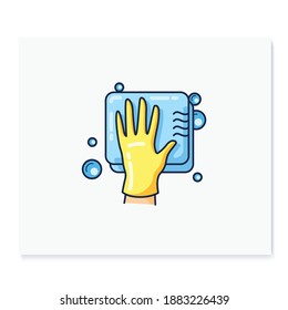 Cleaning sponge color icon. Wiping with sponge. Housekeeper hand in yellow glove with sponge. Wet cleaning. Housekeeping and surface disinfection concept. Isolated vector illustration