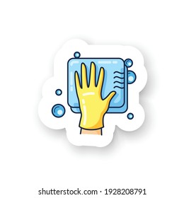 Cleaning sponge sticker. Wiping with sponge. Housekeeper hand in glove pictogram badge for designs. Wet cleaning. Housekeeping and surface disinfection vector emblem