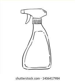 Cleaning spray in a bottle - cartoon doodle, hand drawn, black and white