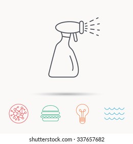 Cleaning spray bottle icon. Washing tool sign. Global connect network, ocean wave and burger icons. Lightbulb lamp symbol.