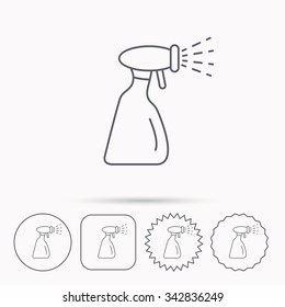 Cleaning spray bottle icon. Washing tool sign. Linear circle, square and star buttons with icons.