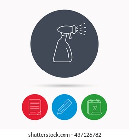 Cleaning spray bottle icon. Washing tool sign. Calendar, pencil or edit and document file signs. Vector