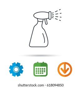 Cleaning spray bottle icon. Washing tool sign. Calendar, cogwheel and download arrow signs. Colored flat web icons. Vector