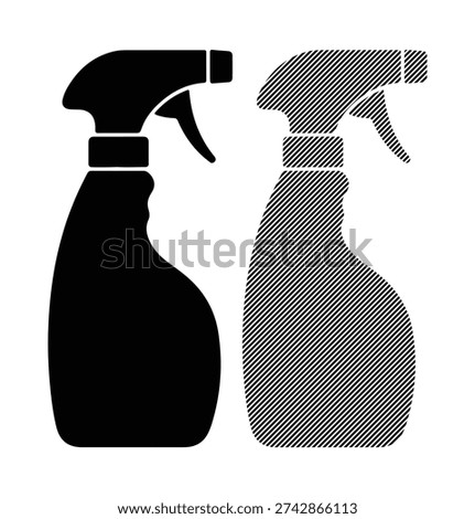 Cleaning spray bottle icons, solid black and striped outline versions.