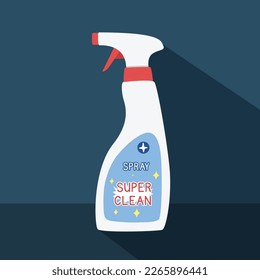 Cleaning spray bottle with long shadow in flat style vector illustration. Simple disinfectant spray package clipart cartoon style, hand drawn doodle style. Detergent spray vector illustration
