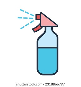 Botella de pulverización de limpieza delineada con pulverizador rojo de color con ilustración de icono del vector de agua azul aislado en fondo blanco cuadrado. Dibujo plano simple delineado.