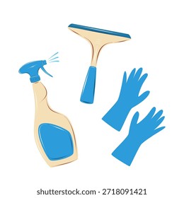 Cleaning spray bottle, rubber gloves and window squeegee. Hand drawn vector illustration isolated on white, perfect for professional cleaning services, sanitation and window washing concepts.
