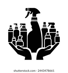 Cleaning spray bottle set with care hand vector silhouette