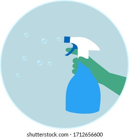 Cleaning spray bottle. Washing products. Hand holding cleaning spray. Logo, label, icon. Vector illustration.
