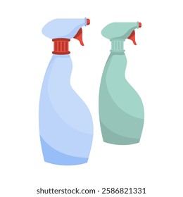 Cleaning spray bottles icon. Two plastic spray bottles in blue and green colors. Used for household cleaning and sanitation.