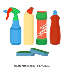 Cleaning spray, chemical washing liquid, detergent powder, bleach bottle vector